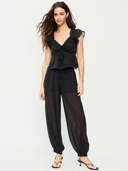 High-Waisted Sheer Chiffon Harem Pants - Black Jack