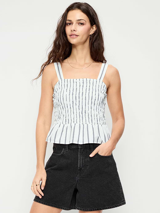 Smocked Peplum Tank Top - White Stripe