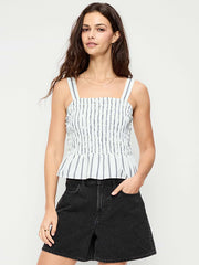 Smocked Peplum Tank Top - White Stripe