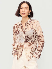 Chiffon Sheer Button-Down Shirt - Animal Print