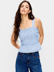 Smocked Peplum Tank Top - Blue Stripe