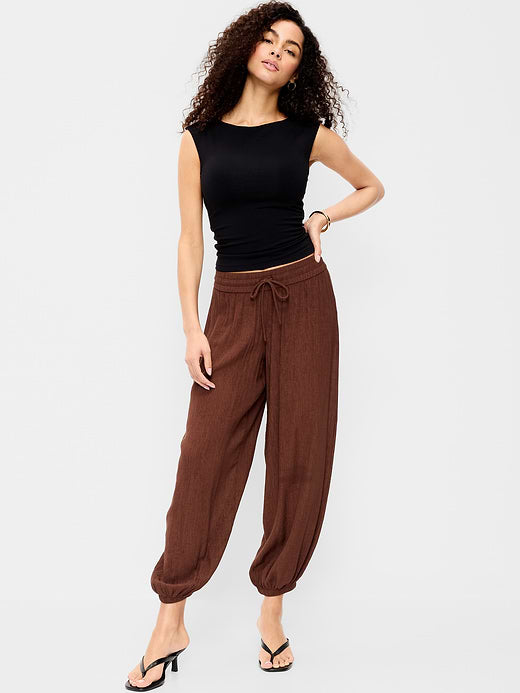 High-Waisted Sheer Crinkle Crepe Harem Pants - Peppercorn