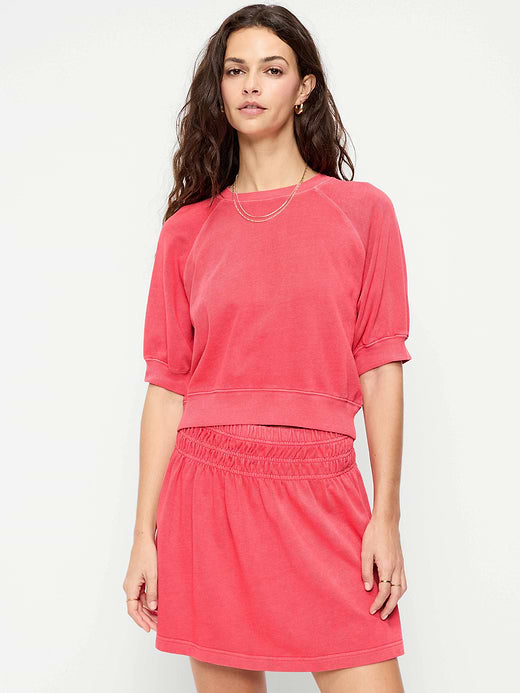 Short-Sleeve Cropped Raglan Sweatshirt - Red Buttons