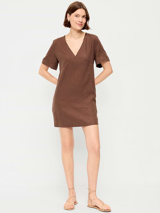 Short-Sleeve V-Neck Mini Shift Dress - Peppercorn