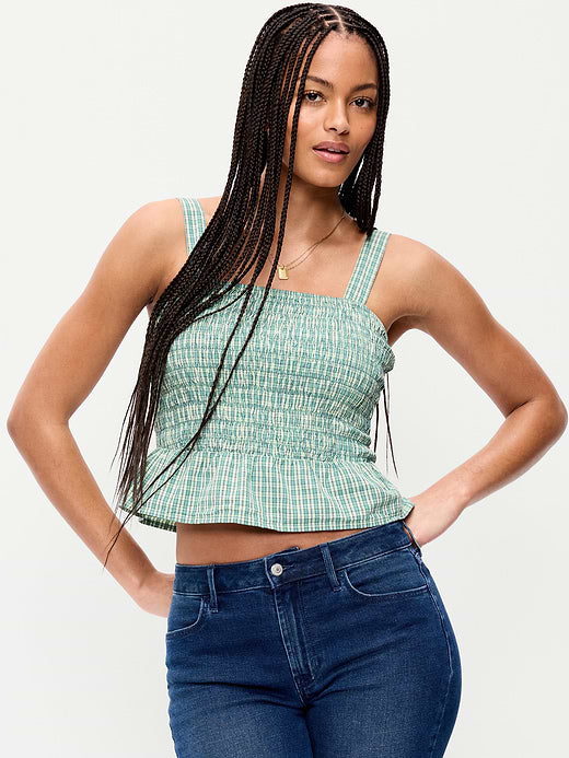 Smocked Peplum Tank Top - Green Gingham