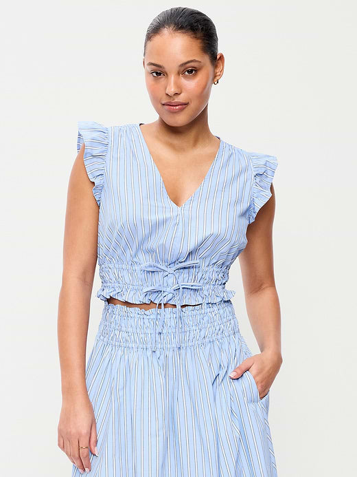 Flutter-Sleeve Poplin Top - White & Blue Stripe