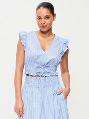 Flutter-Sleeve Poplin Top - White & Blue Stripe