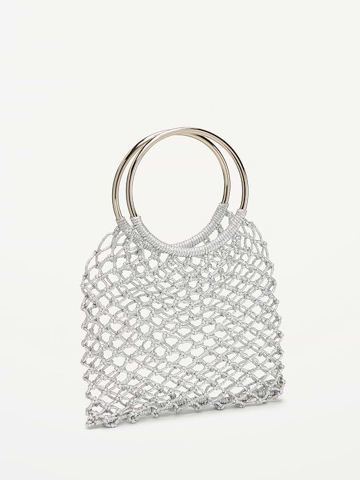 Metallic Crochet Ring Handle Bag - Silvery Silver