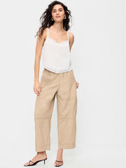 Mid-Rise Cropped Barrel-Leg Utility Pants - Toasted Almond