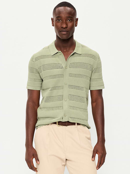 Short-Sleeve Open-Knit Sweater Shirt - Faded Grass