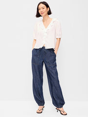 Mid-Rise Pull-On Utility Harem Denim Pants - Dark Wash