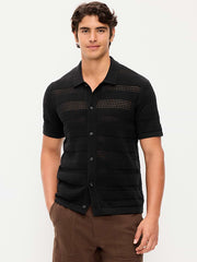 Short-Sleeve Open-Knit Sweater Shirt - Black Jack