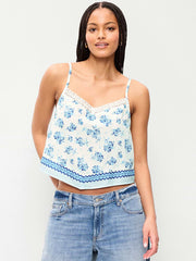 Lace-Trim Scarf Tank Top - White/Blue Floral