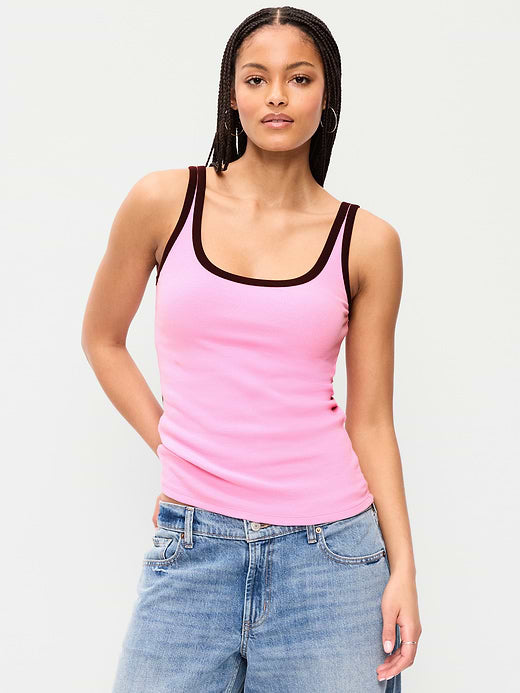 First-Layer Ribbed Scoop-Neck Tank Top - Electric Peony