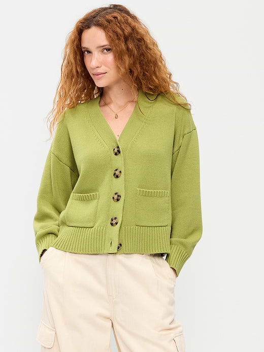 Seaside Cotton V-Neck Cardigan Sweater - Wasabi