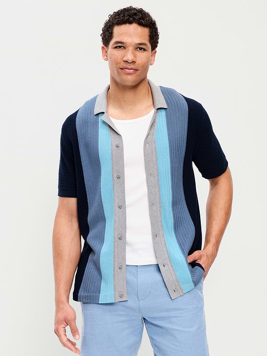 Short-Sleeve Striped Camp Sweater Shirt - In the Navy