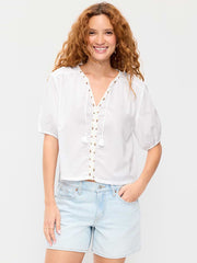 Short-Sleeve Beaded Top - White Lilies