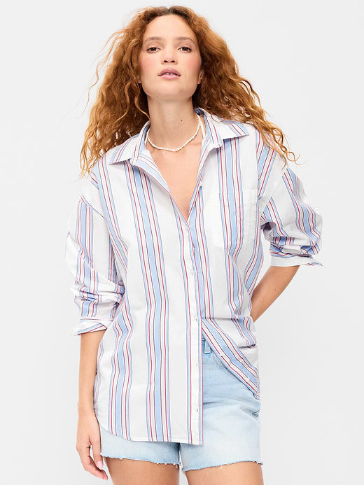 Oversized Button-Down Boyfriend Shirt - White/Purple Stripe