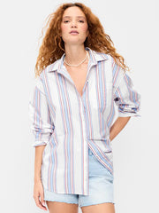 Oversized Button-Down Boyfriend Shirt - White/Purple Stripe