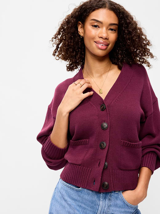 Seaside Cotton V-Neck Cardigan Sweater - Red Lacquer