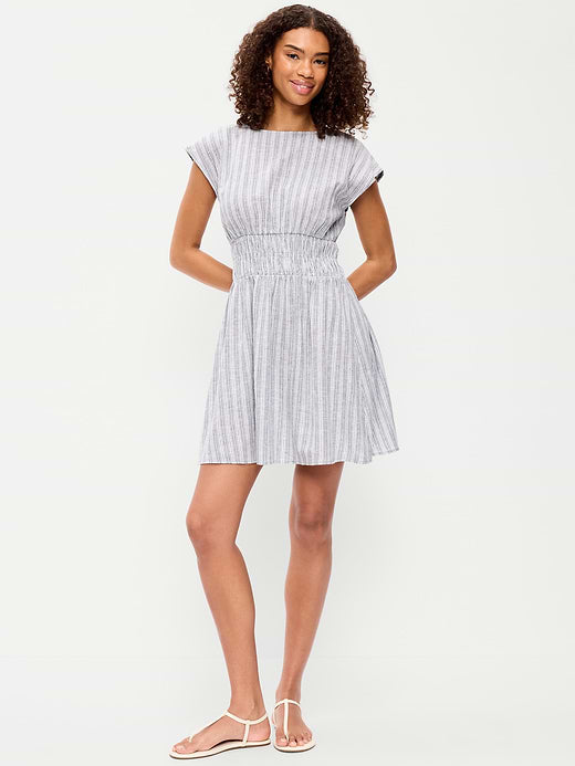 Smocked-Bodice Fit & Flare Mini Dress - Blue Multi Stripe
