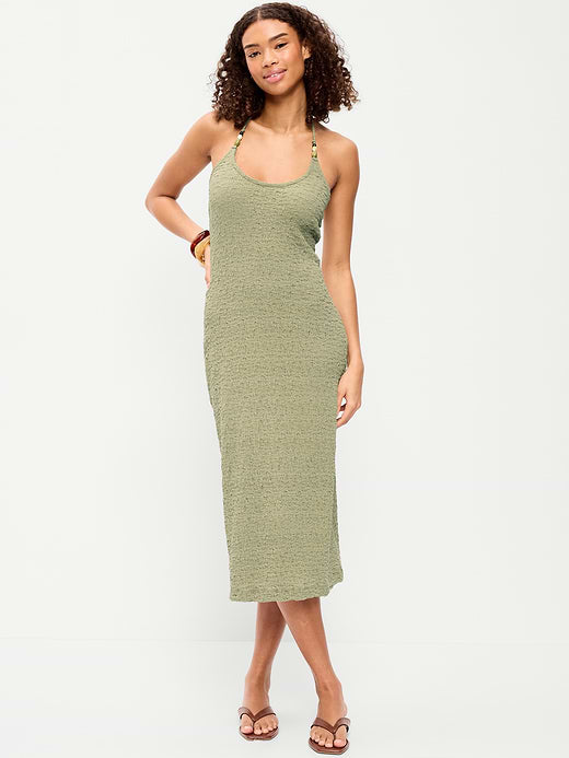 Beaded Halter-Neck Textured Midi Dress - Dried Grasses