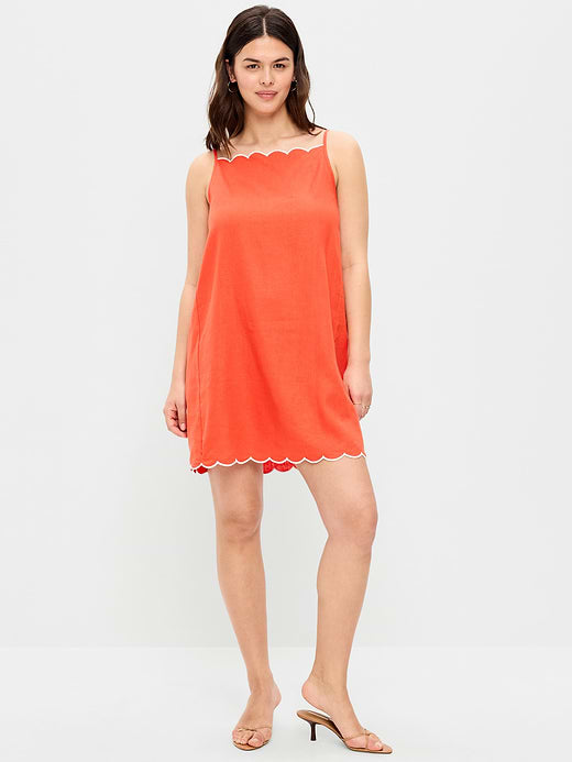 Scalloped-Edge Apron-Neck Mini Shift Dress - Moonfish Orange