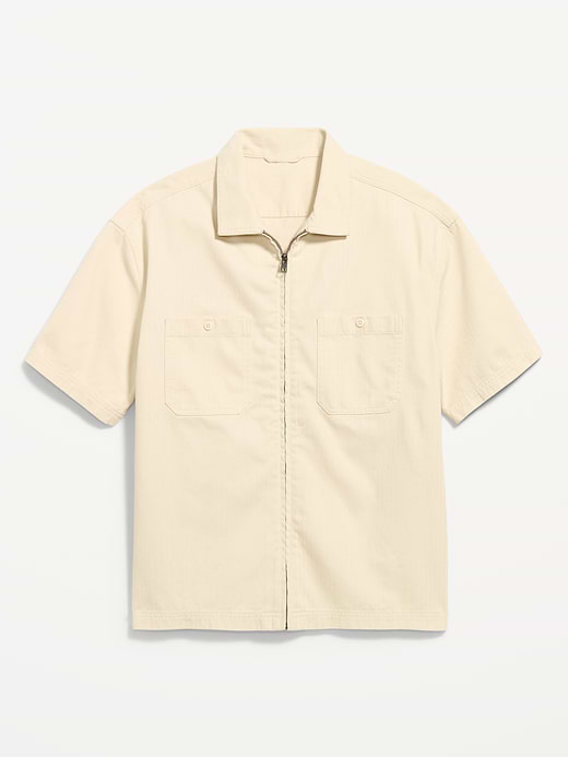Loose Full-Zip Herringbone Workwear Shirt - Butter Cream