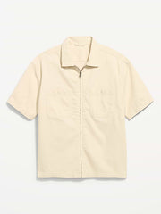 Loose Full-Zip Herringbone Workwear Shirt - Butter Cream