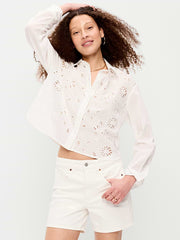 Cropped Eyelet Button-Down Shirt - White Eyelet