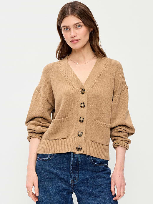 Relaxed V-Neck Cardigan Sweater - Light Brown