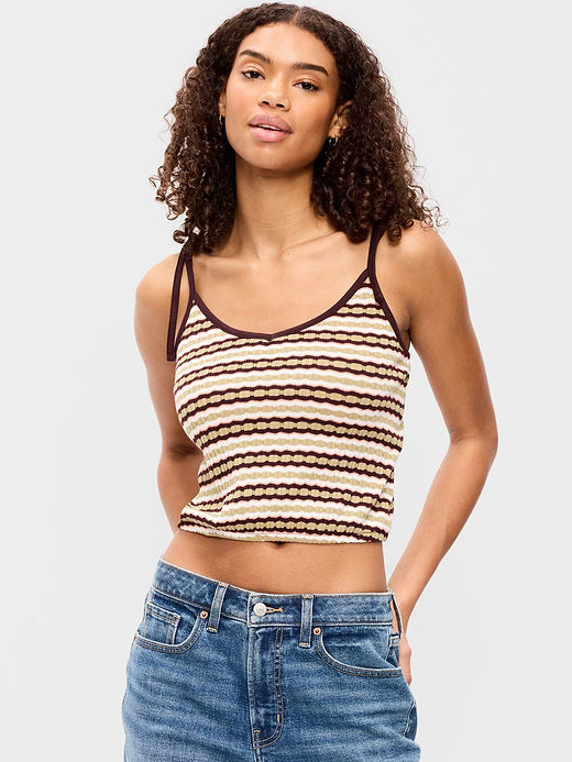 Sleeveless Pointelle Tie-Strap Tank Top - Khaki Orange Stripe