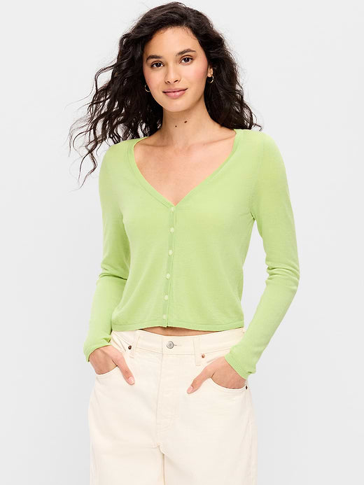 Merino Wool-Blend Sheer Cropped V-Neck Cardigan - Coriander