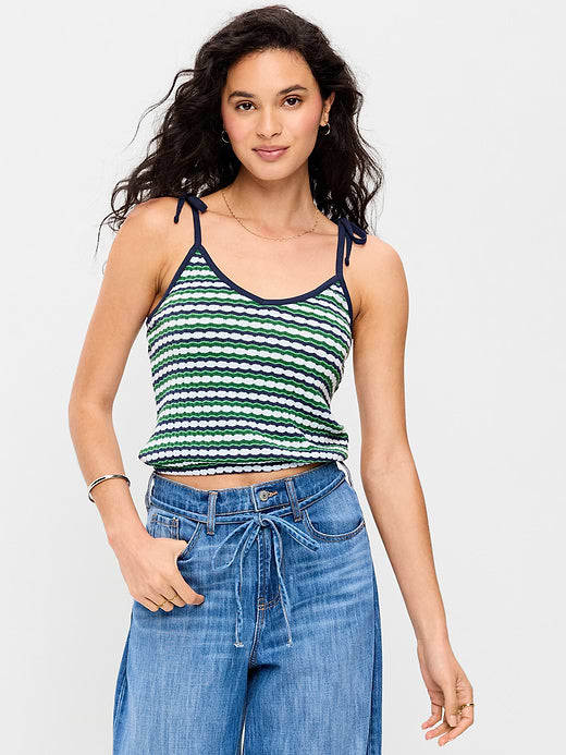 Sleeveless Pointelle Tie-Strap Tank Top - Green Blue Stripe