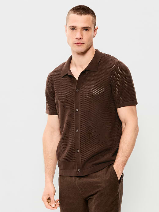 Short-Sleeve Open-Knit Sweater Shirt - Brown Palm