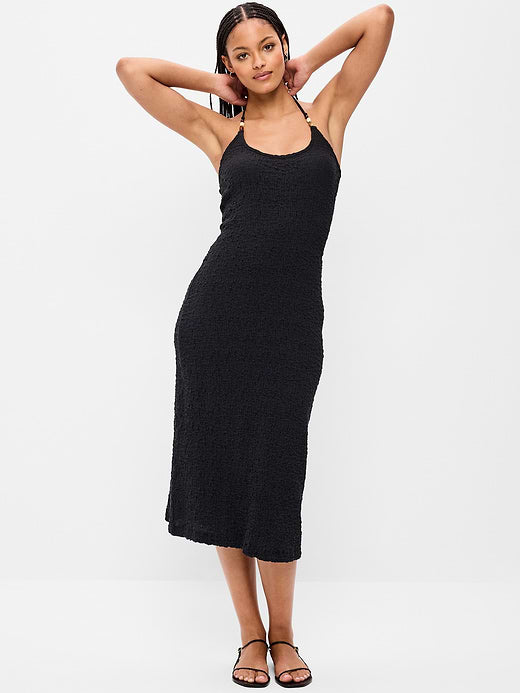 Beaded Halter-Neck Textured Midi Dress - Black Jack