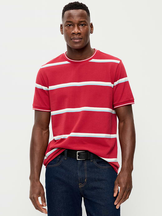Crew-Neck Pique T-Shirt - Red Stripes