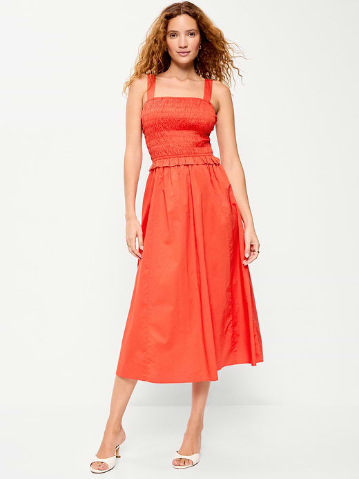 Fit & Flare Smocked-Bodice Midi Dress - Moonfish Orange