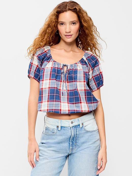 Short-Sleeve Bubble Top - Blue Plaid