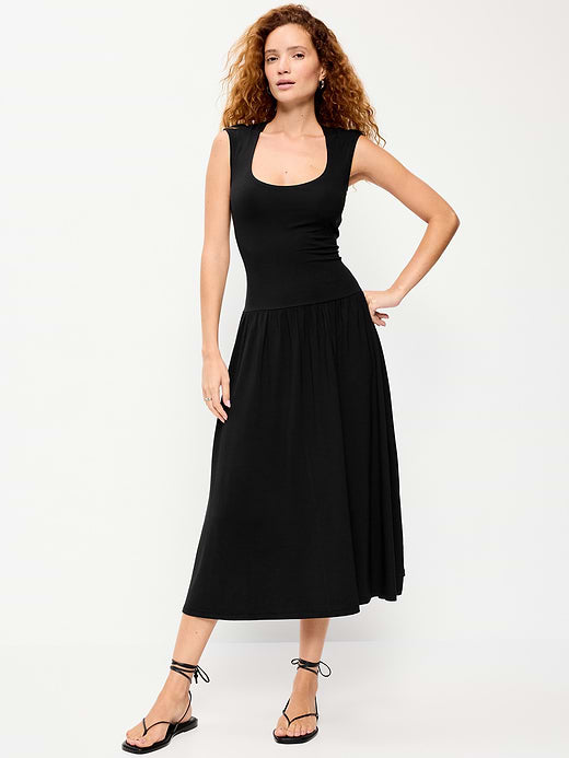 Jersey Knit Drop-Waist Midi Dress - Black Jack