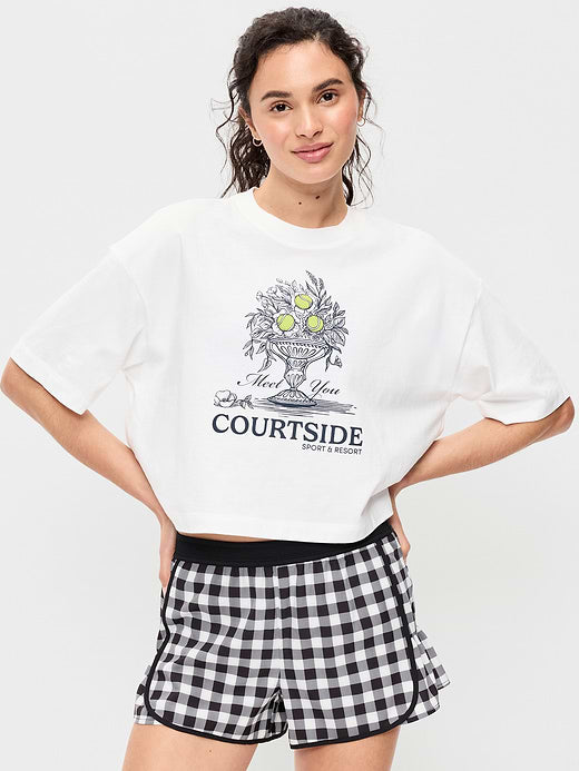 Vintage Crew-Neck Oversized Crop Graphic T-Shirt - White Lilies