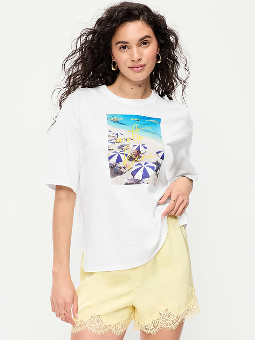 Short-Sleeve Loose Graphic T-Shirt - White Lilies