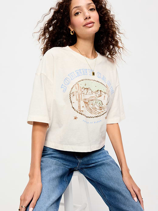 Johnny Cash™ Crew-Neck Oversized Crop T-Shirt - Sea Salt