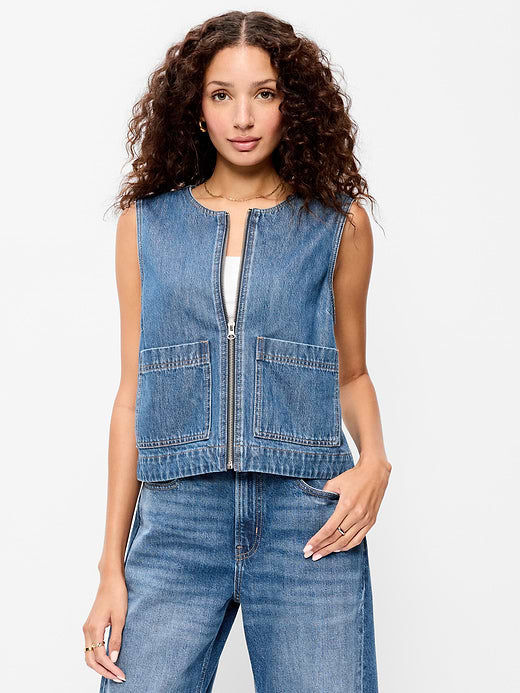 Zip-Front Denim Utility Vest - Denim