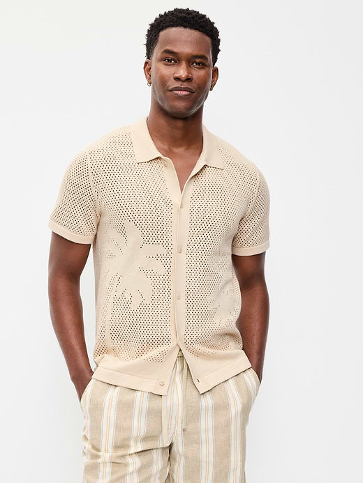 Short-Sleeve Open-Knit Sweater Shirt - White Palm Print