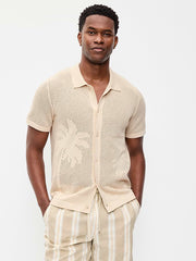 Short-Sleeve Open-Knit Sweater Shirt - White Palm Print