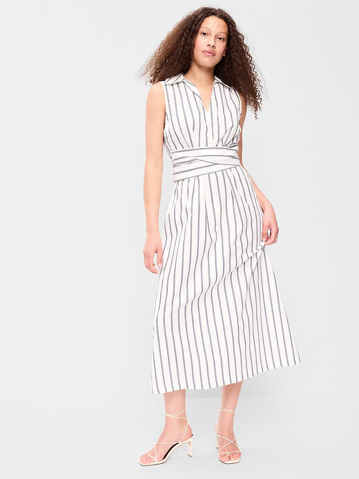 Sleeveless Wrap-Waist Midi Shirt Dress - Navy Stripe