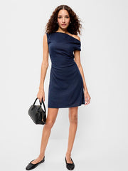 Asymmetrical Shoulder Linen-Blend Mini Dress - In the Navy