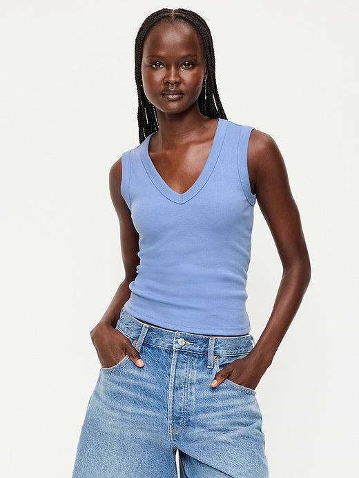 Snug Crop V-Neck Ribbed Tank Top - Hyacinth
