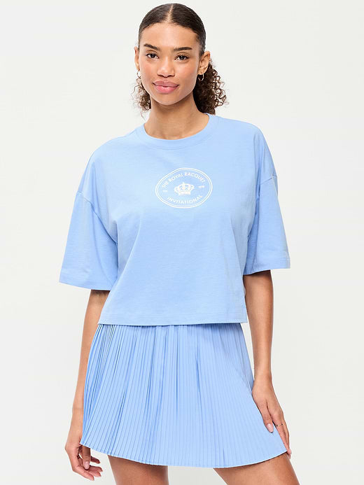 Vintage Crew-Neck Oversized Crop Graphic T-Shirt - Monet Blue